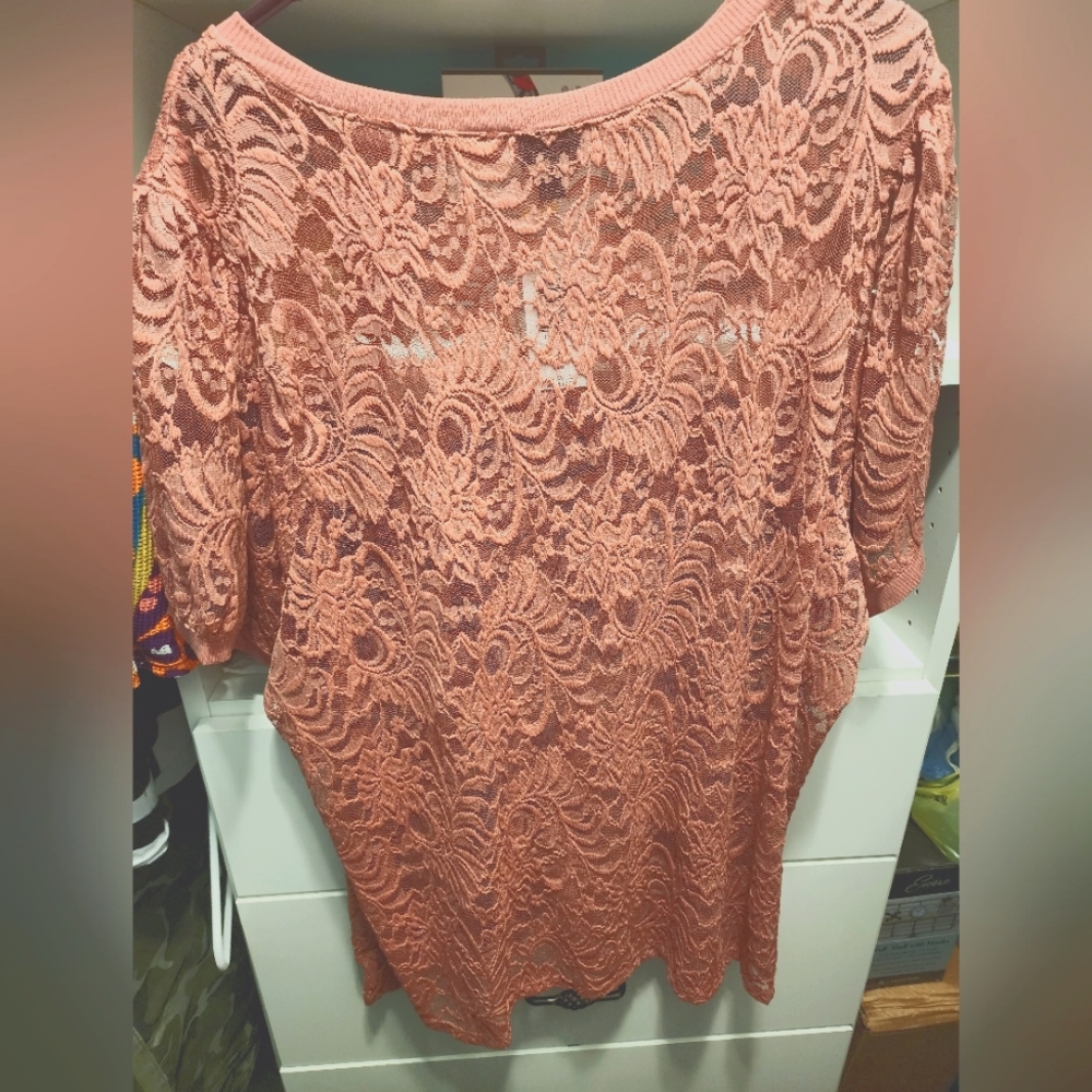 Coral lace see-through blouse